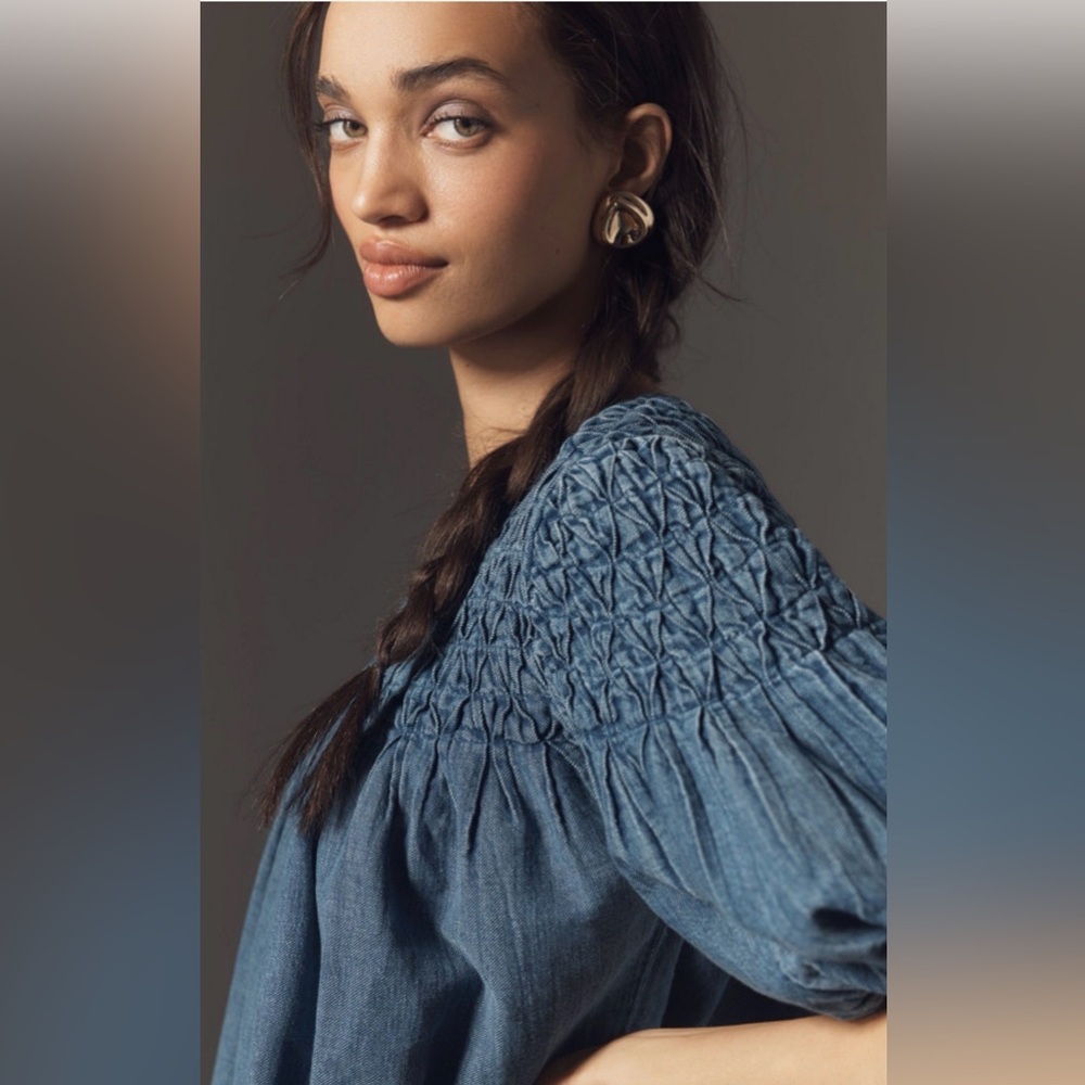 Smocked Blue Women's Peasant Top - Picture 3 of 9